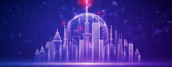 Ilustração de uma cidade inteligente em tons de roxo.