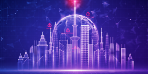 Ilustração de uma cidade inteligente em tons de roxo.